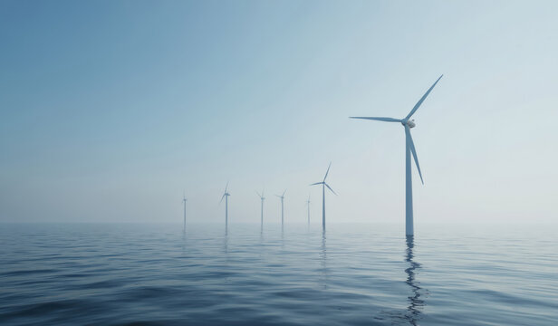 Offshore wind turbines generate clean energy at sea under vast blue sky. Line of wind power generators stands in ocean water. Windmills represent renewable electricity, eco-friendly technology for - Powered by Adobe