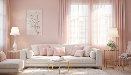Modern pastel living room interior features white sofa adorned with pink pillows, complemented by fluffy rug and elegant floor lamps. Soft pink walls and sheer curtains create serene, cozy atmosphere.