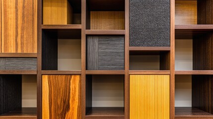 Wooden shelving unit with varied wood tones and textures.