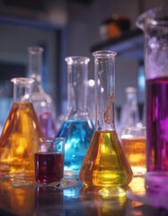 Glass beakers filled with colorful chemical solutions on lab table. Bright lighting creates vibrant reflections on glass. Blurry background of equipment, research, biology, chemistry experiments,