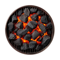 Hot charcoal briquettes on a round grill are ready for cooking, radiating heat and promising a delicious barbecue, isolated on transparent background