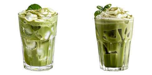 Iced matcha green tea drinks with ice cubes isolated on transparent PNG background perfect for cafe menus or beverage branding