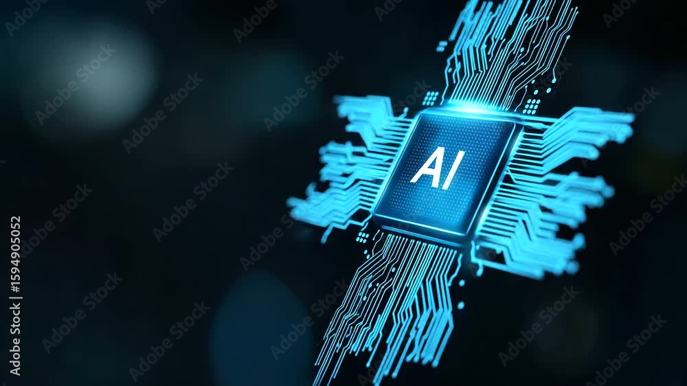 Poster close-up of a finger tapping on a digital circuit board featuring an ai chip.