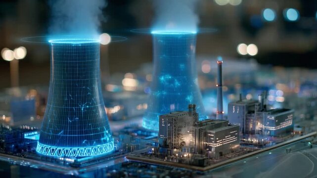 Illuminated model of a nuclear power plant with glowing blue energy overlay, showcasing intricate details of the cooling towers and surrounding structures
