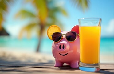 Pink piggy bank wearing sunglasses on tropical beach with orange juice drink, ample copy space for text, fun saving concept and summer vacation lifestyle backdrop.​