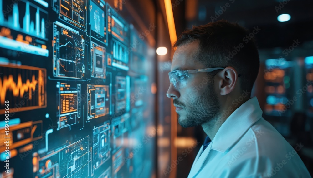 Poster scientist analyzes quantum computing data on large screen. wears glasses, lab coat. futuristic lab w