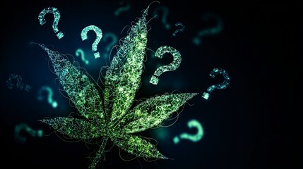 Abstract cannabis leaf with question marks floating on a dark background