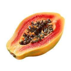 A juicy half papaya with its black seeds is isolated on transparent background, highlighting its vibrant color and tropical essence