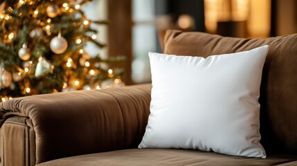 White pillow on brown couch near Christmas tree.
