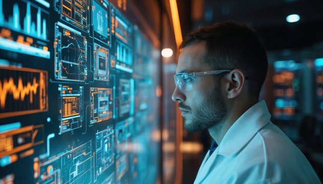 Scientist analyzes quantum computing data on large screen. Wears glasses, lab coat. Futuristic lab with quantum processors, financial modeling visible. Focus on advanced tech for faster, accurate