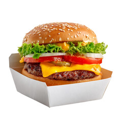 A delicious cheeseburger with fresh toppings is isolated on transparent background, tempting with its classic fastfood appeal