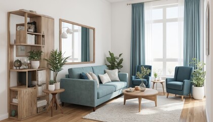 Modern Scandinavian apartment living room features teal sofa, two armchairs, coffee table. Wooden bookshelf, parquet floor, large windows with blue curtains create bright, cozy atmosphere. Home