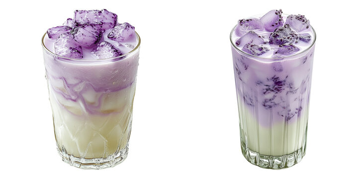 Iced taro milk tea drinks with pearls isolated on transparent PNG background perfect for beverage branding or cafe menu design