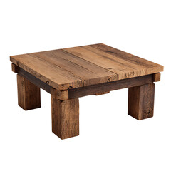 A square wooden coffee table with a rustic design, isolated on transparent background, perfect for adding a vintage touch to any living room