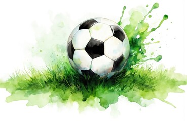 Naklejka premium Watercolor illustration of classic football on green grass. Abstract green splashes, white background create dynamic artistic feel. Vibrant imagery suitable for sports themes, game promotions,