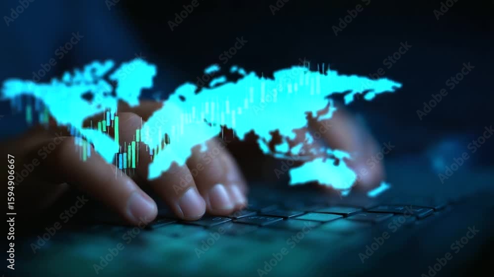 Poster zoomed-in view of hands typing on a keyboard with financial charts on screen.