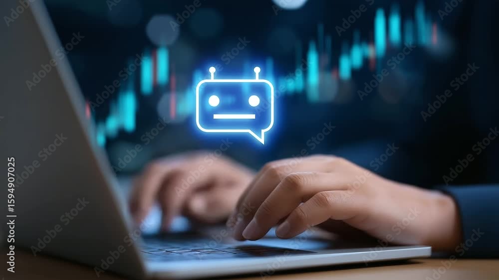 Poster hands typing on a laptop with a digital chatbot icon overlaying the screen.