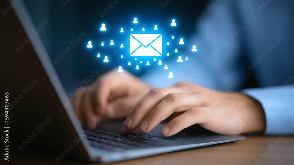 Poster zoomed-in view of fingers typing on a keyboard as email alerts pop up on screen.