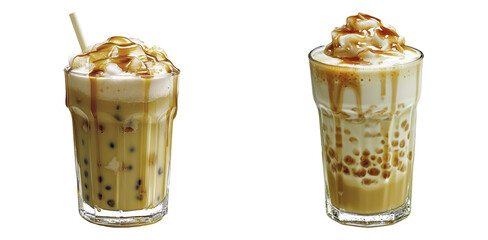 Iced coffee drinks with whipped cream and toppings isolated on transparent PNG perfect for cafe menu or beverage promotions