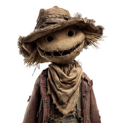 A creepy scarecrow with a stitched smile and straw hair stands isolated on transparent background, ready to haunt your halloween dreams