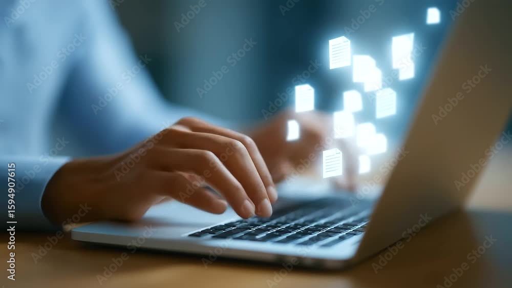 Poster hands typing on a laptop with animated document pages floating around.