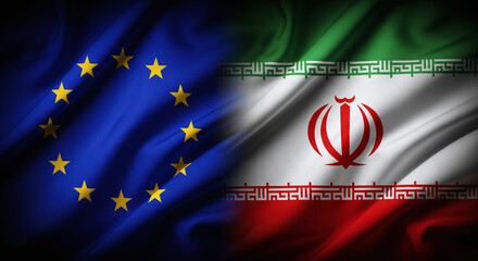 European Union and Iranian Flags Waving Like Banners with Subtle Light and Fabric Creases, Full Canvas Coverage