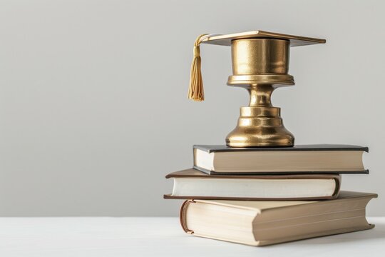 Graduation-themed trophy with academic cap and books detail, golden finish, placed on clean white background. - Powered by Adobe