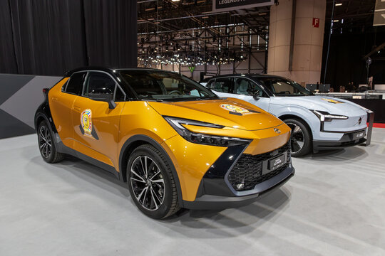 Toyota C-HR Subcompact Crossover SUV car, a modern urban hybrid vehicle with sporty design. Geneva, Switzerland - Feb 26, 2024