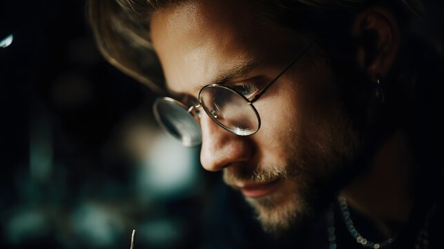 A jeweler closely inspects gold jewelry with a magnifier glass long title A focused jeweler carefully examines a piece of gold jewelry under the