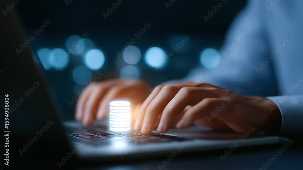 Poster focused shot of fingers typing on a laptop keyboard with a server rack in the backdrop.