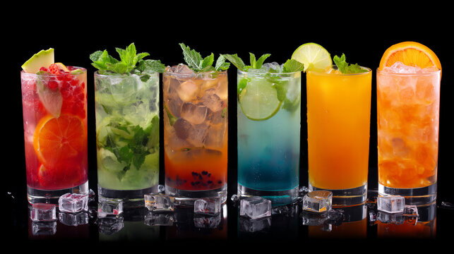 A variety of vibrant flavored cocktails served in tall glasses with garnishes, showcasing fresh ingredients like fruits and herbs. Perfect for themes such as parties, celebrations, or refreshing bever