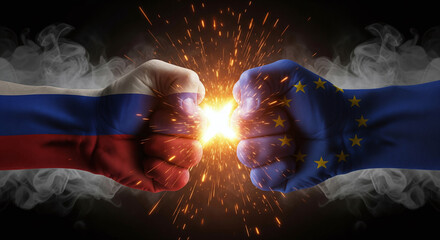 Two powerful fists painted with Russia and EU flags collide with sparks and fire particles, dark smoky background emphasizing intense geopolitical conflict