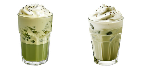 Matcha latte drinks with cream topping isolated on transparent PNG image perfect for healthy beverage ads or menu design