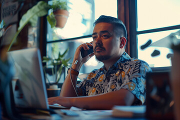 Man Working in Cozy Coffee Shop