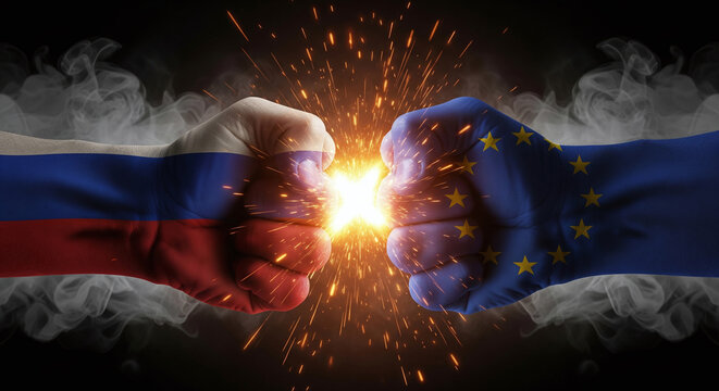 Two powerful fists painted with Russia and EU flags collide with sparks and fire particles, dark smoky background emphasizing intense geopolitical conflict
