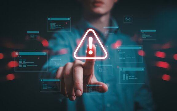 Futuristic digital warning system concept showing red alert triangle and floating code and email icons above hand pointing in a dark technological interface