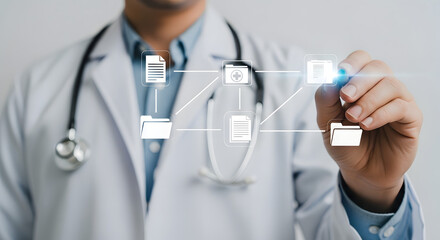 A doctor in a white coat interacts with a digital network of medical files, illustrating a concept of electronic health records.