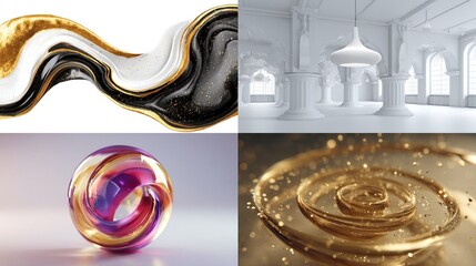 A digital art collage featuring abstract swirling gold and black liquid, a minimalist white interior, a colorful iridescent sphere, and golden liquid spirals with sparkling droplets