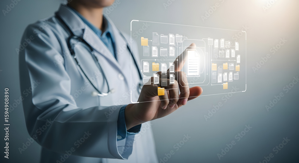 Poster doctor interacting with a futuristic digital interface displaying medical files and data.