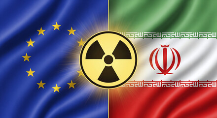 European Union Flag on Left and Iranian Flag on Right in Realistic Fabric Style, Glowing Radioactive Sign in Middle Emitting Soft Yellow Light, JPG Image