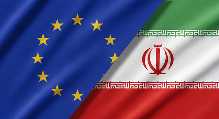 European Union and Iranian Flags Waving Like Banners with Subtle Light and Fabric Creases, Full Canvas Coverage