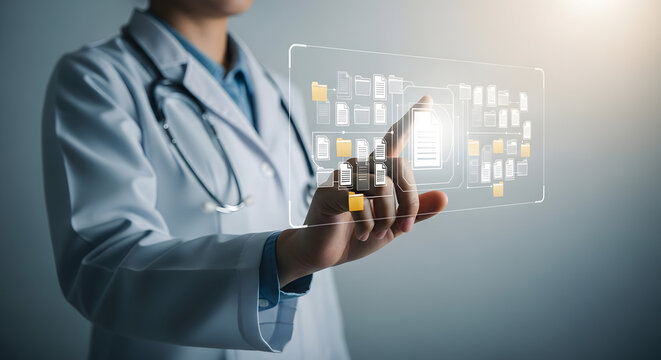 Doctor interacting with a futuristic digital interface displaying medical files and data.