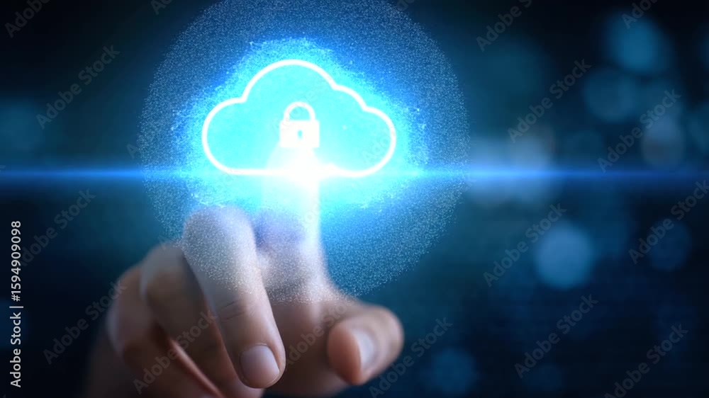 Poster a finger points at a digital cloud and padlock, symbolizing cybersecurity in a virtual environment.