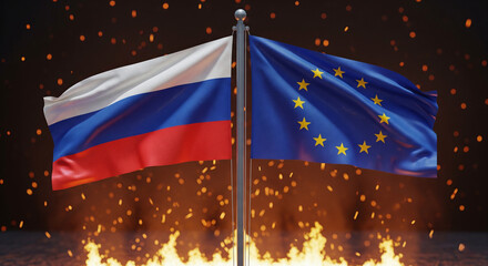 Large Russian and European Union flags waving apart with sparks and embers in foreground, dark background with soft smoke glow, stylized dramatic effect