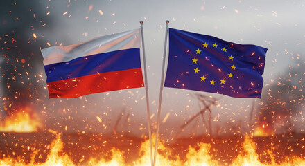 Large Russian and European Union flags waving apart with sparks and embers in foreground, dark background with soft smoke glow, stylized dramatic effect