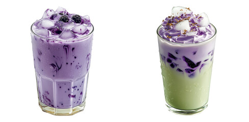 Ube and matcha milk drinks in tall glass cups isolated on transparent PNG image perfect for dessert beverage branding or cafe flyers