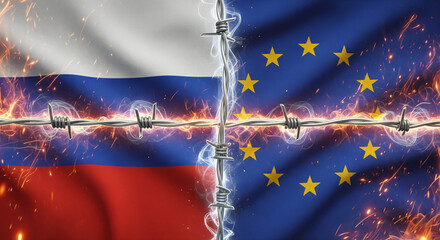 Russia and EU flags in textured cloth design with barbed wire fence glowing in the center, surrounded by smoke and fire particles, dramatic JPG image