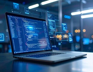 Close-up of laptop screen displaying complex programming code and UI