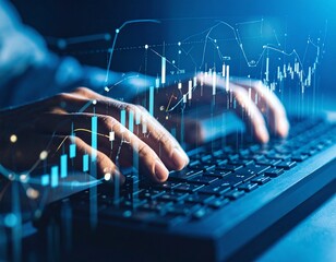 Person typing on keyboard with digital data visualization overlay