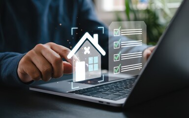 Professional property transaction concept featuring laptop holographic house icon and digital document checklists with glowing effects on dark desk surface